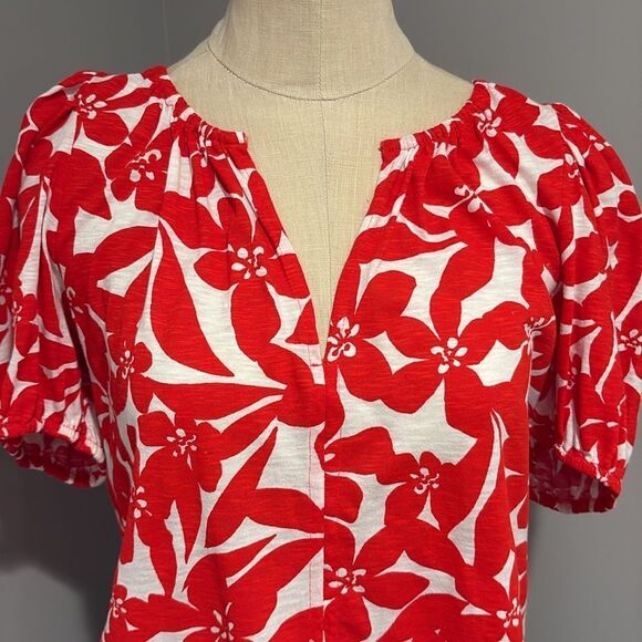 LOFT Plumeria Puff Sleeve Split Neck Top Size XS - Picture 3 of 10